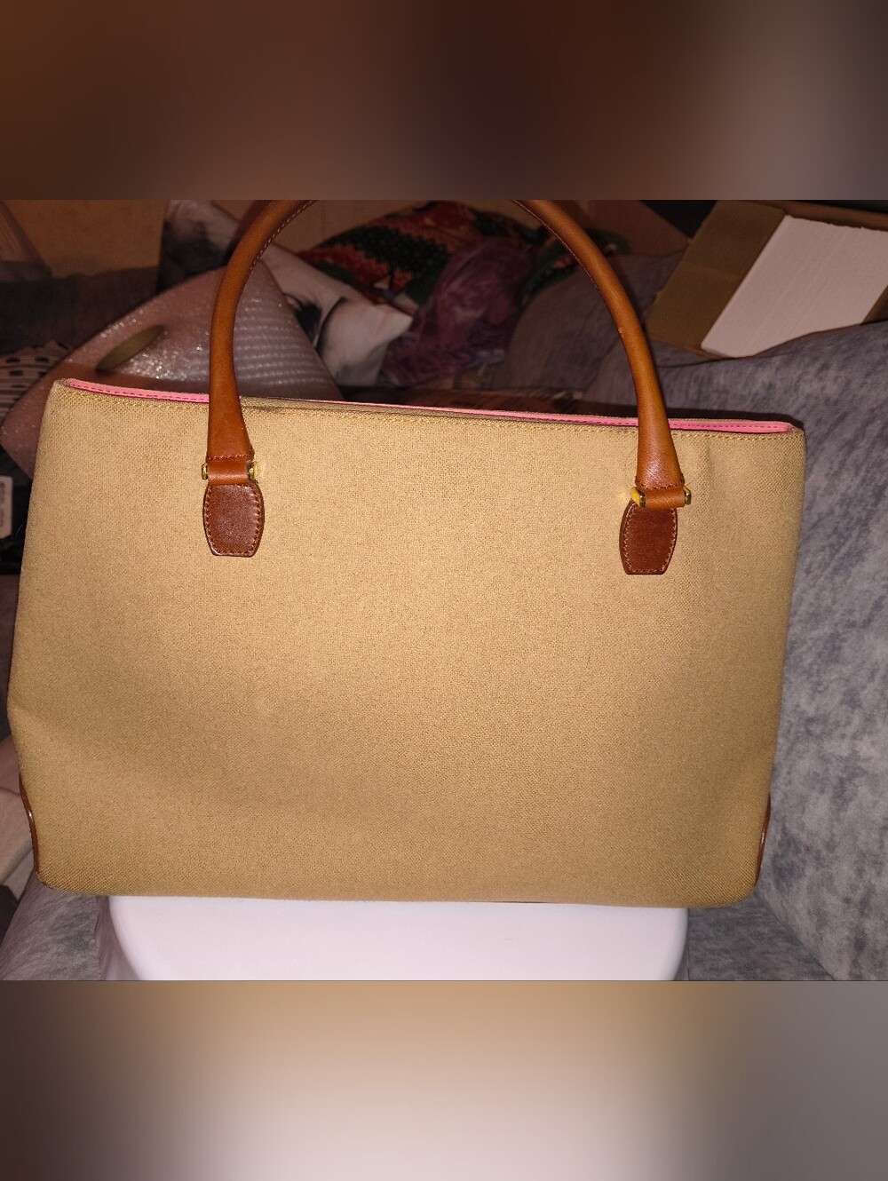 Kate Spade Tan Tote Bag with Brown Suede Handles and Pink Trim